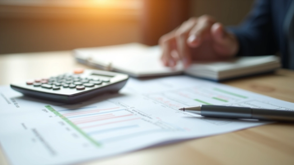 Schreibtisch mit Taschenrechner, Finanzberichten und Stift, professionelles Büro, Tageslicht