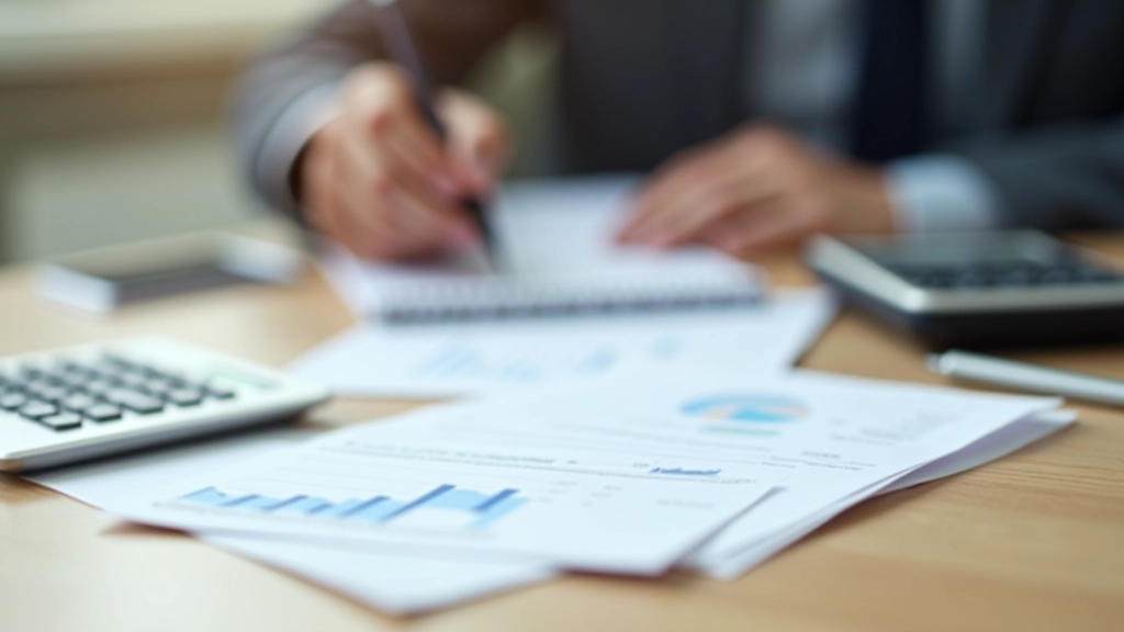 Taschenrechner und Finanzberichte auf Schreibtisch, Geschäftsumgebung