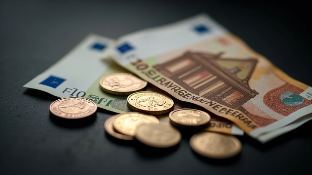 Verschiedene Euro-Banknoten und Münzen auf dunklem Hintergrund, Finanzkonzept, Detailaufnahme