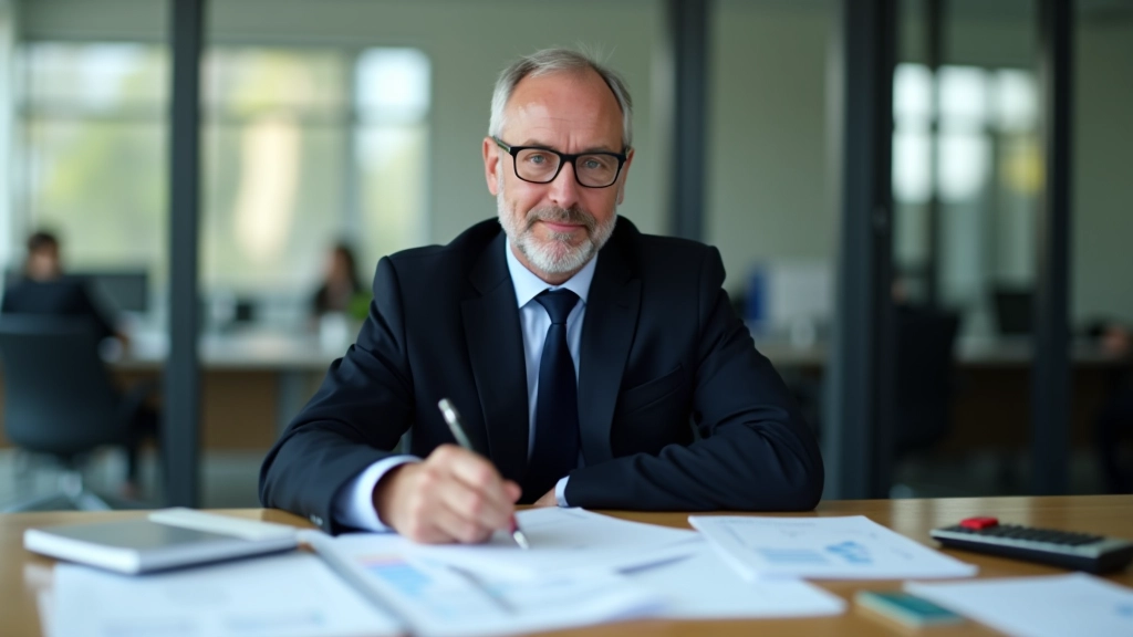 Finanzminister bei Budgetplanung, Schreibtisch mit Dokumenten und Taschenrechner