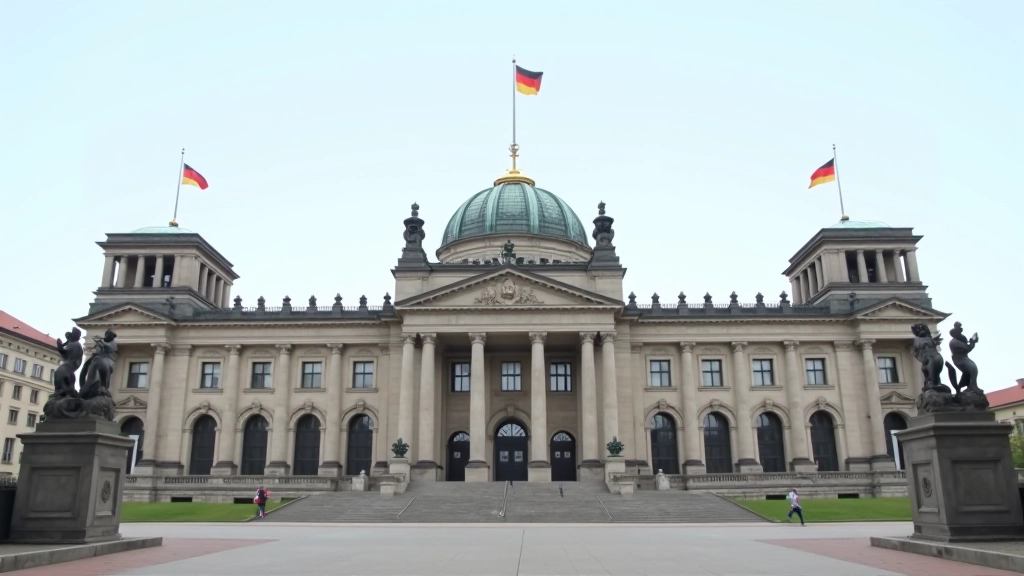 Regierungsgebäude in Berlin mit deutscher Flagge, Architektur, Tageslicht