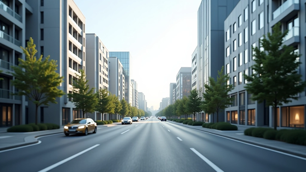 Stadtstraße mit modernen Gebäuden und Infrastruktur, Deutschland