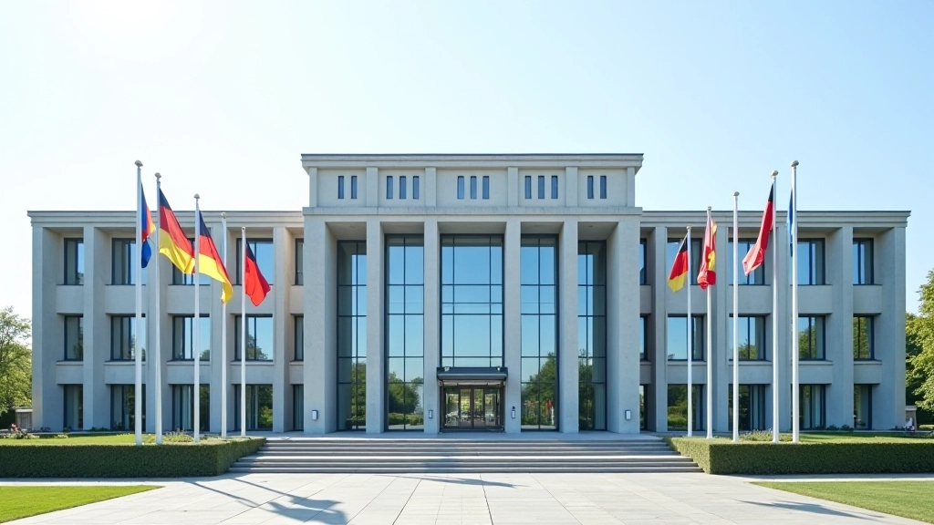 Modernes Regierungsgebäude mit Flaggen und Architektur, Tageslicht, Weitwinkelaufnahme