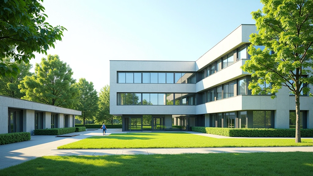 Moderne Schulgebäude mit Fassade, Schulhof mit grünem Rasen, sonniger Tag, Bildungskonzept