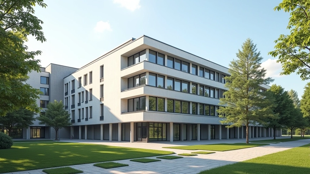 Schule mit modernem Schulgebäude und Pausenhof, Außenansicht von Bildungseinrichtung