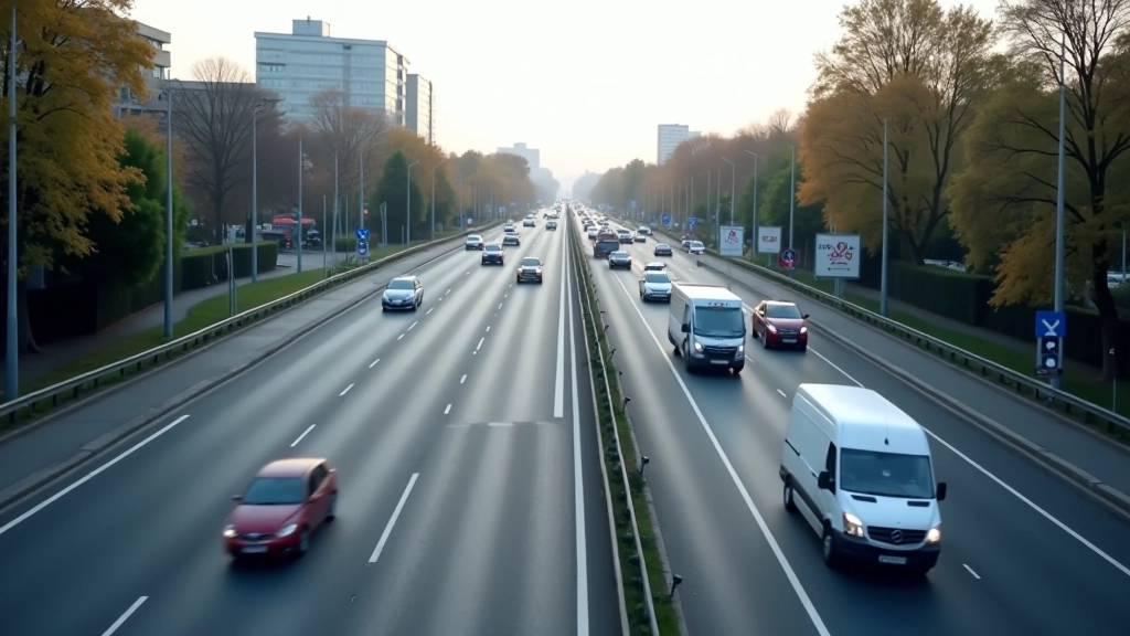 Breite Straße mit moderner Infrastruktur, mehrspurig, moderater Verkehr, Tageslicht, urbane Szenerie