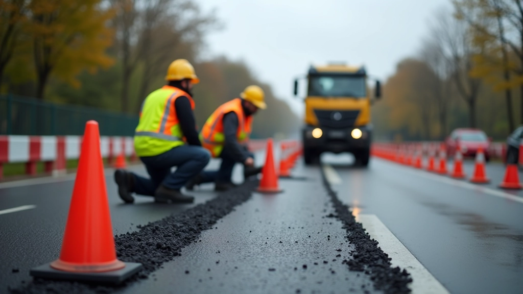 Straße mit Baustelle und Verkehrskegeln, Infrastrukturinstandhaltung
