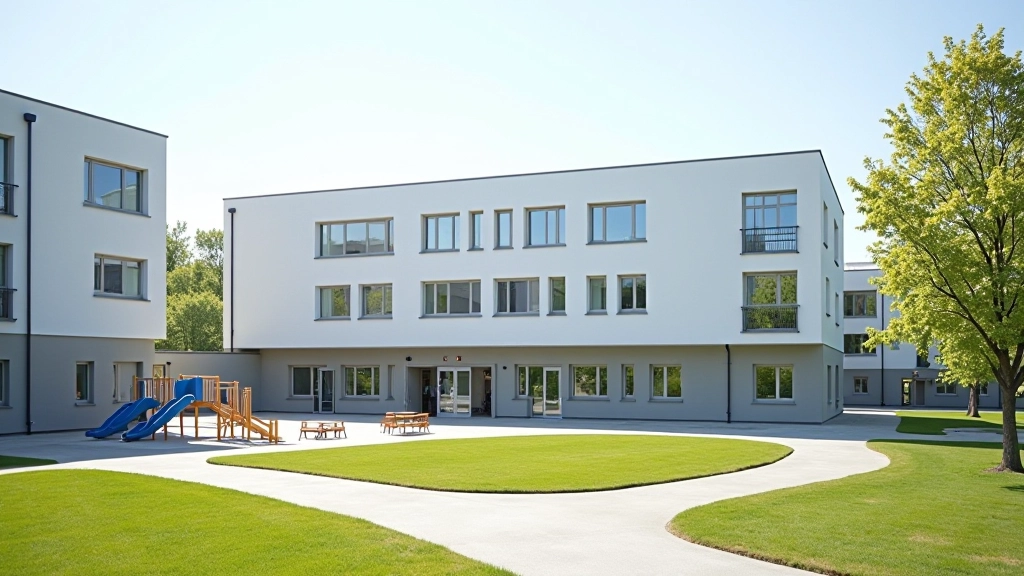 Schulgebäude mit Schülern auf Schulhof, Bildungseinrichtung